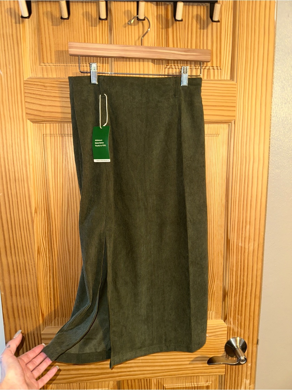 HALARA Olive Green Corduroy Midi Skirt with Front Slit